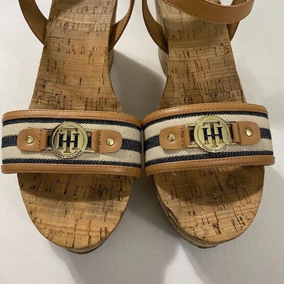 Tommy Hilfiger Women's Twhottie Nautical Logo Stripe Cork Wedge Sandals Size 9.5 - Picture 5 of 12